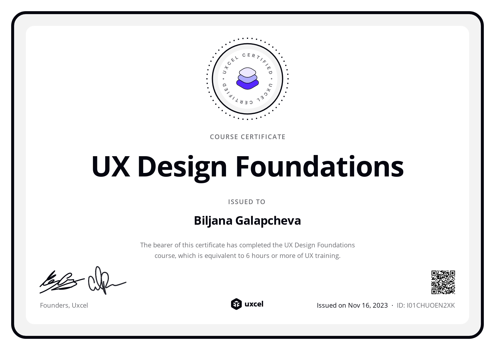 Biljana Galapcheva's certificate